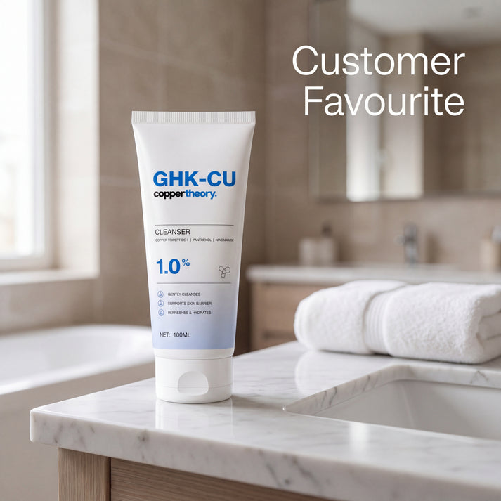 CopperTheory GHK-Cu facial cleanser on bathroom counter