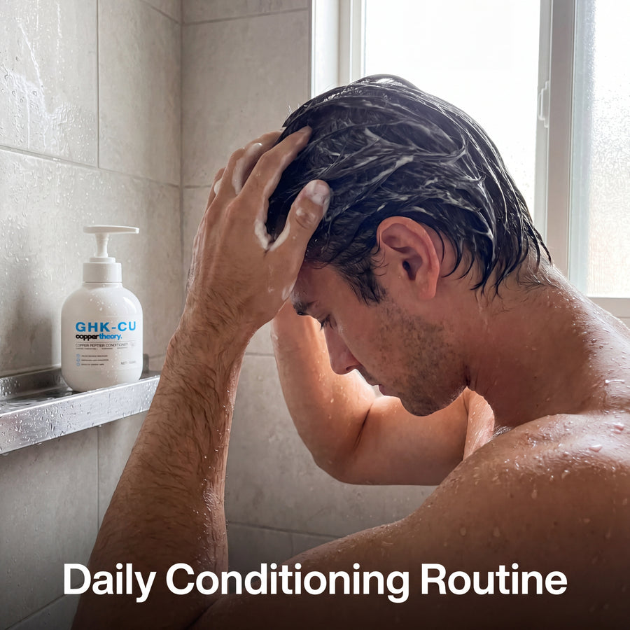 Person applying CopperTheory 1% GHK-Cu Conditioner through wet hair during a daily wash-day routine