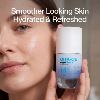 Woman holding CopperTheory 1.4% GHK-Cu Face Serum for smoother, firmer and hydrated-looking skin