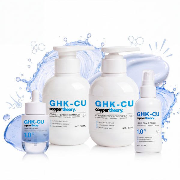 CopperTheory GHK-Cu copper peptide haircare products with shampoo conditioner hair serum and scalp spray
