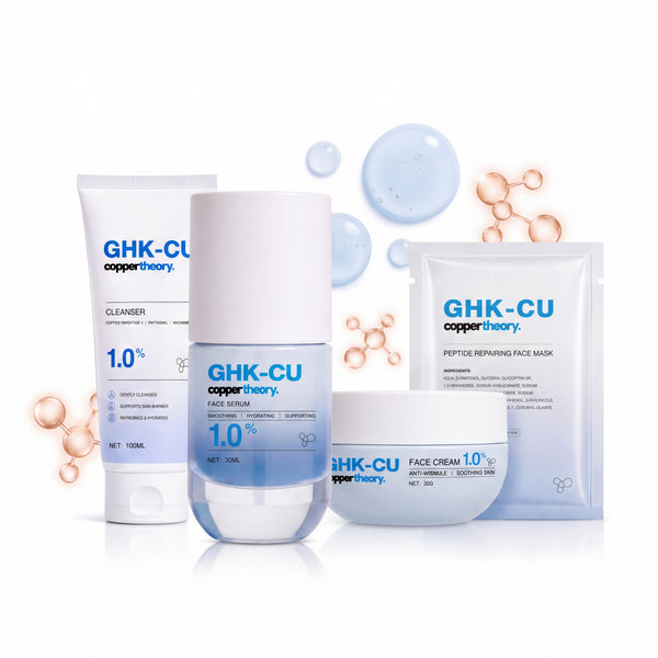 CopperTheory GHK-Cu copper peptide skincare products for skin including face serum face cream cleanser and mask