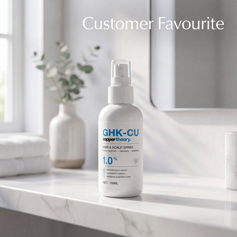 CopperTheory GHK-Cu hair and scalp spray on bathroom counter