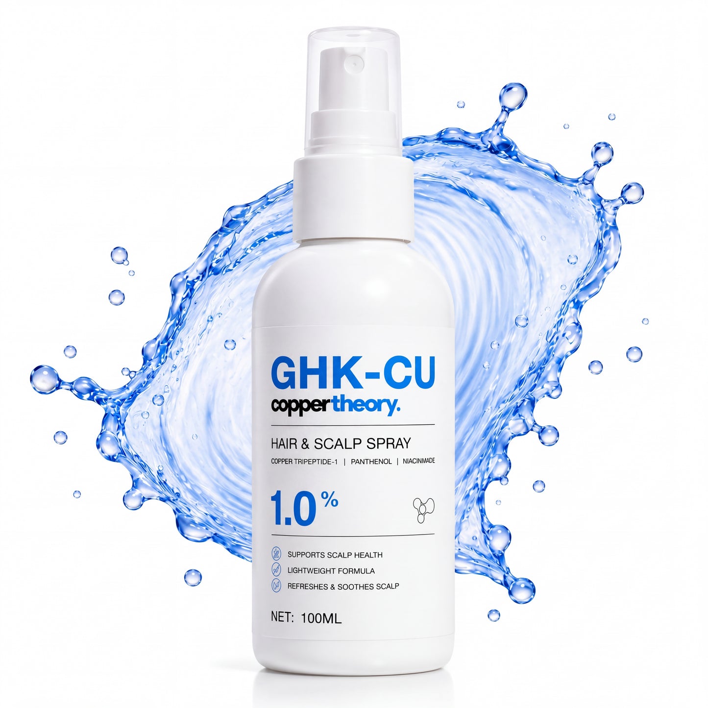 CopperTheory GHK-Cu hair and scalp spray with blue water splash