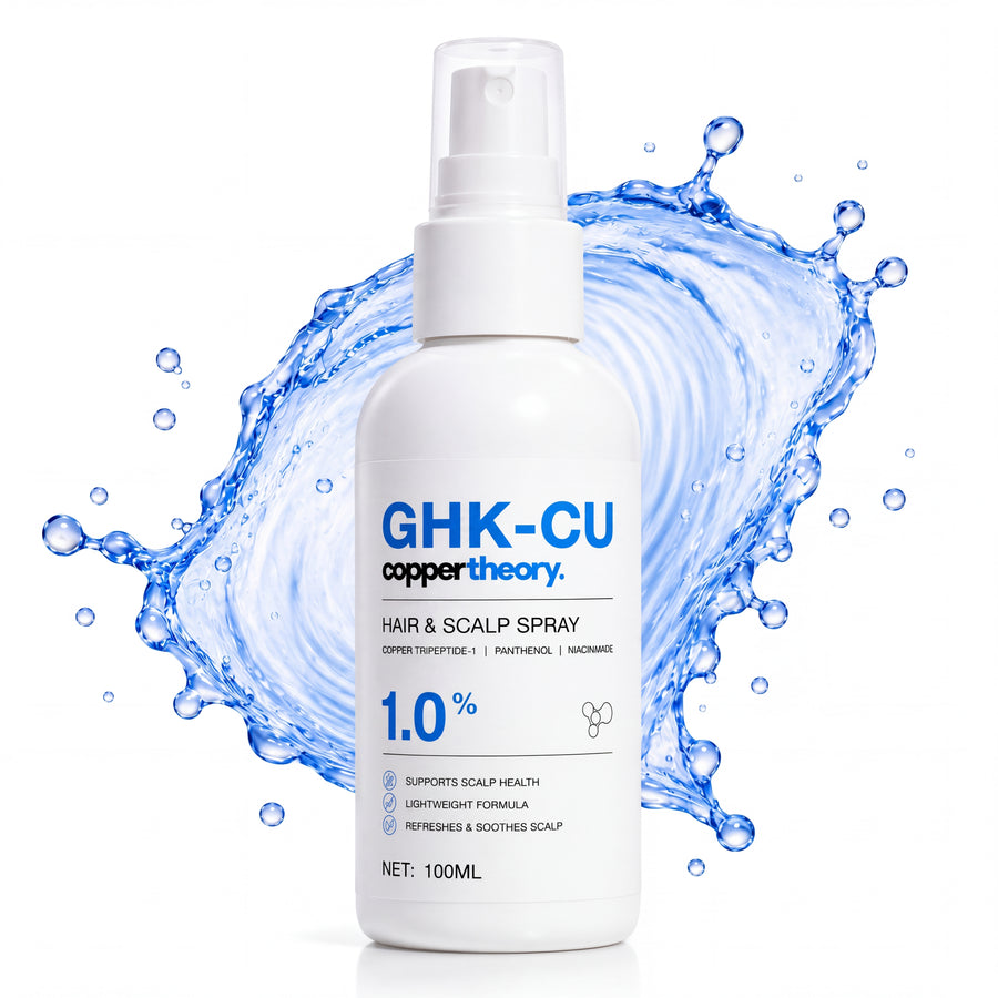 CopperTheory GHK-Cu hair and scalp spray with blue water splash