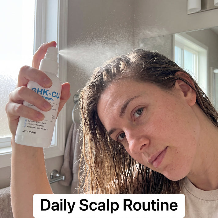 CopperTheory GHK-Cu scalp spray used in a daily scalp care routine