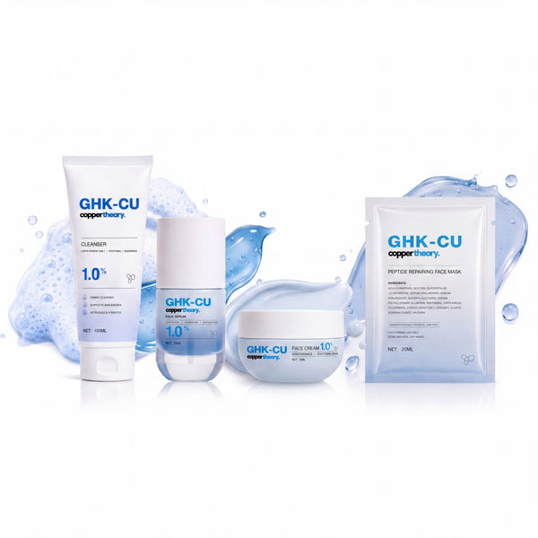CopperTheory GHK-Cu skincare routine with cleanser face serum face cream and repair face mask