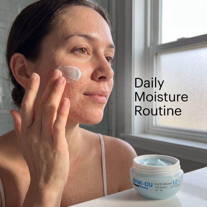Woman applying CopperTheory 1.4% GHK-Cu Face Cream to her face as the final daily moisturising step