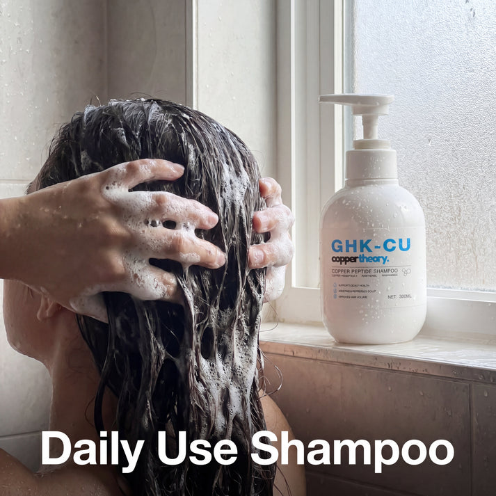 Person massaging CopperTheory 1% GHK-Cu Shampoo into wet scalp and hair during wash day
