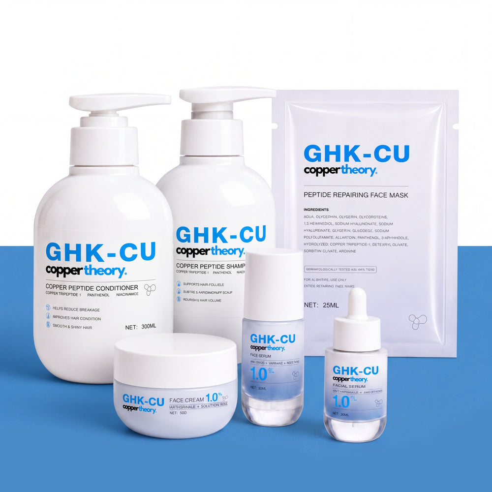 CopperTheory complete GHK-Cu copper peptide routine bundle with skincare, hair care, face serum, face cream and face mask