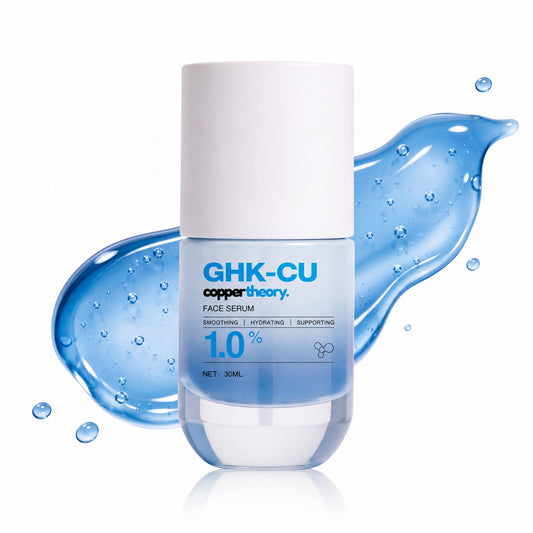 CopperTheory GHK-Cu 1% Face Serum bottle with light blue serum splash on a white background