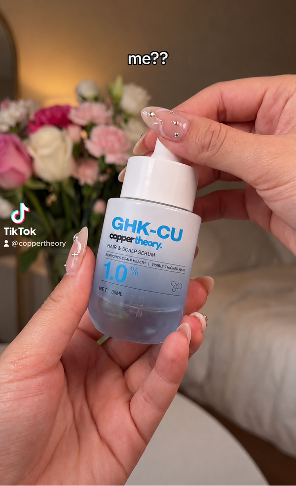 CopperTheory GHK-Cu copper peptide hair serum shown in a customer video