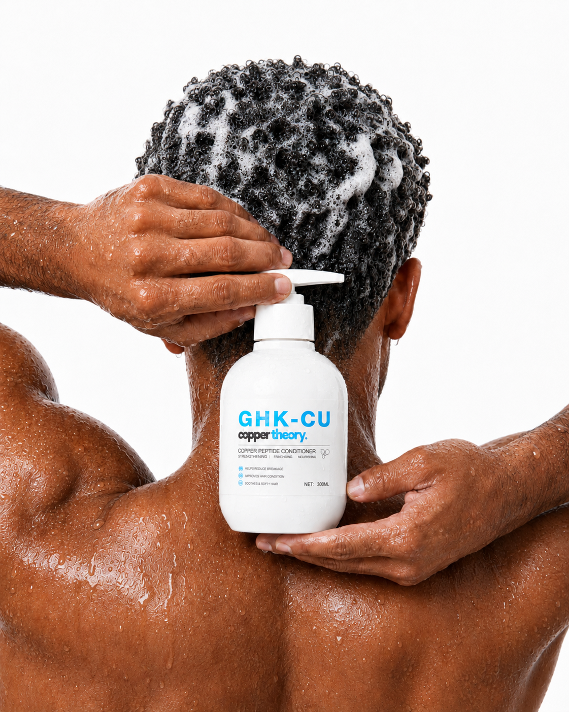 Man using CopperTheory GHK-Cu copper peptide shampoo and conditioner in the shower for scalp and hair care