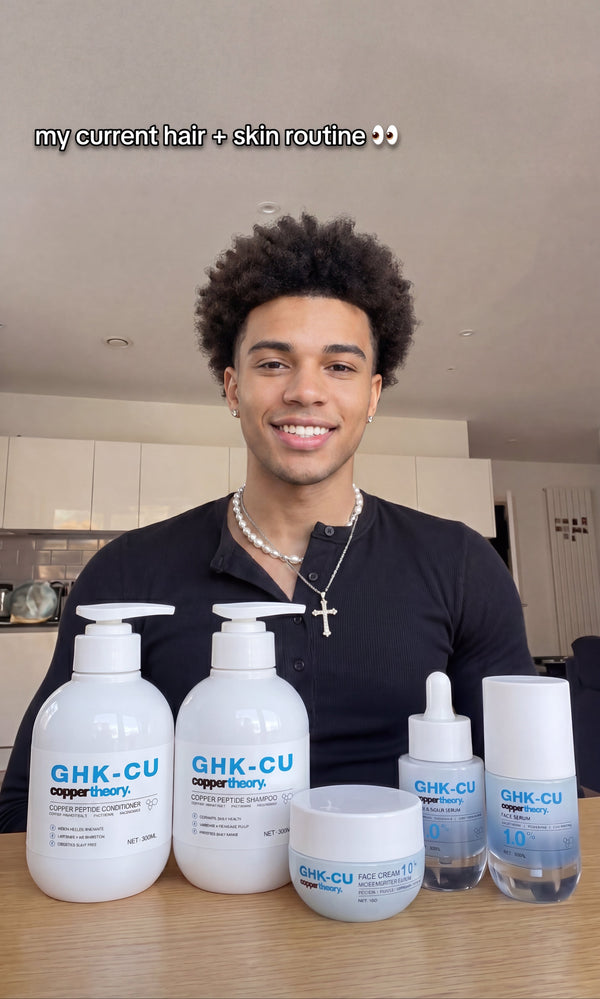Customer showing CopperTheory GHK-Cu scalp and skin care products in a routine video